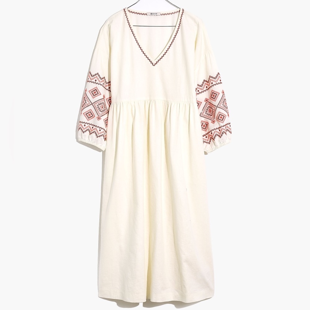 Madewell Embroidered-Sleeve Popover Midi Dress in Lighthouse
